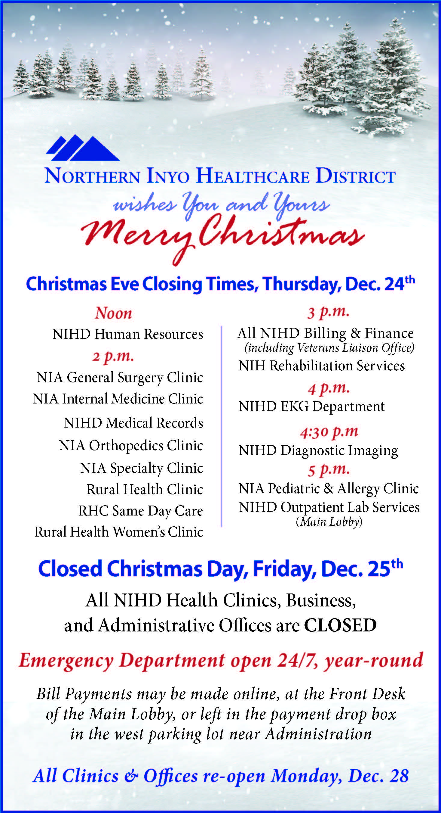 2020 NIHD Christmas Closures