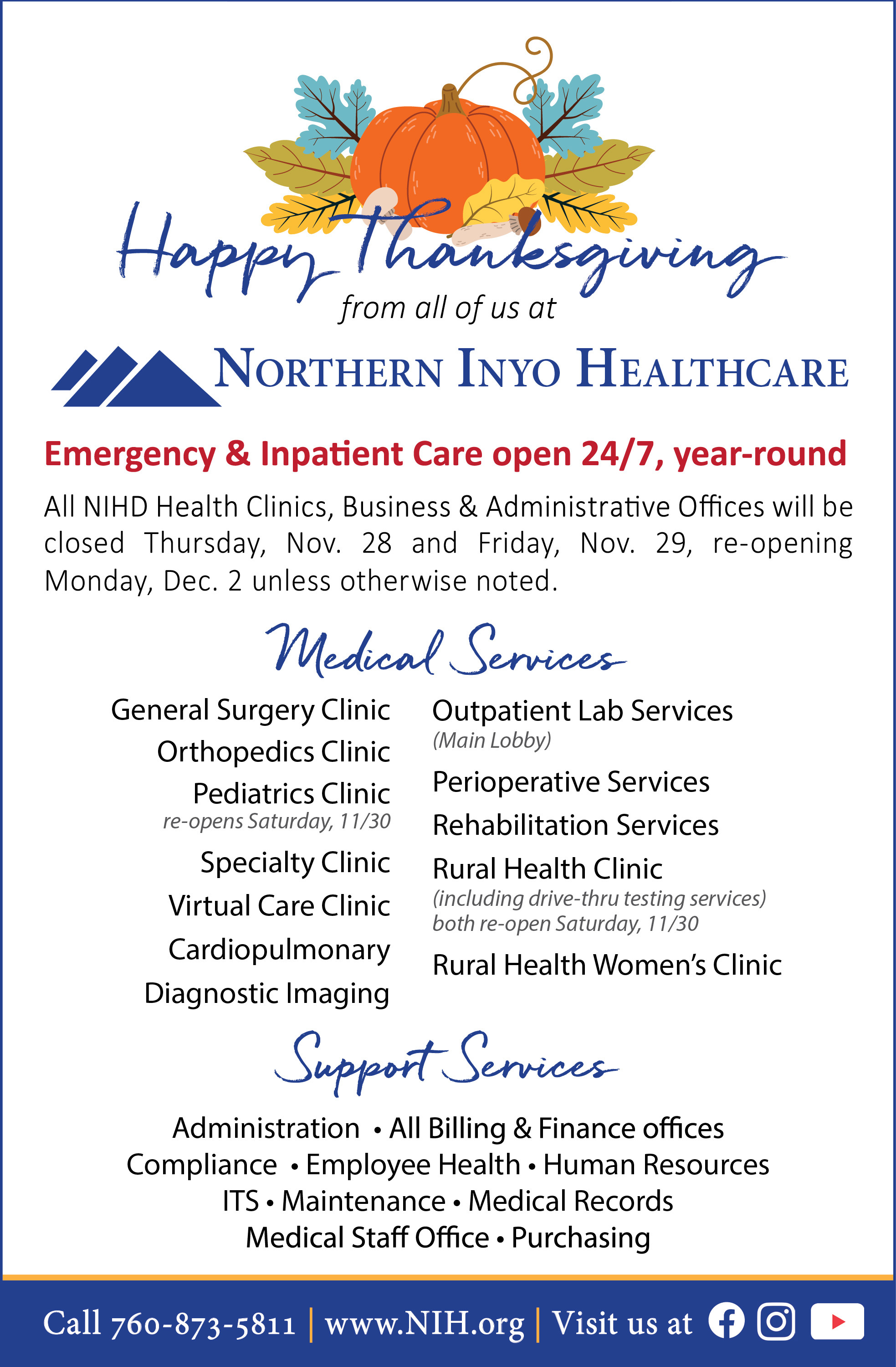 Ad showing NIHD's holiday hours for Thanksgiving 2024 weekend