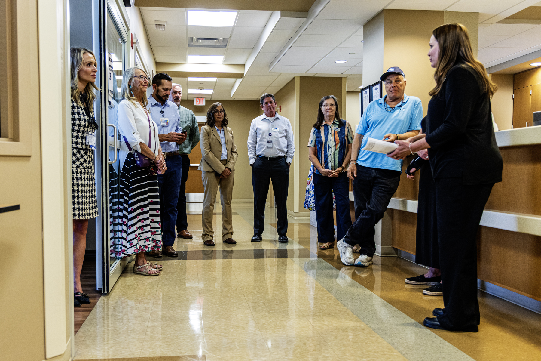 Allison Partridge, far right, speaks to visiting Southern Mono Healthcare District leaders during a tour of Northern Inyo Hospital.