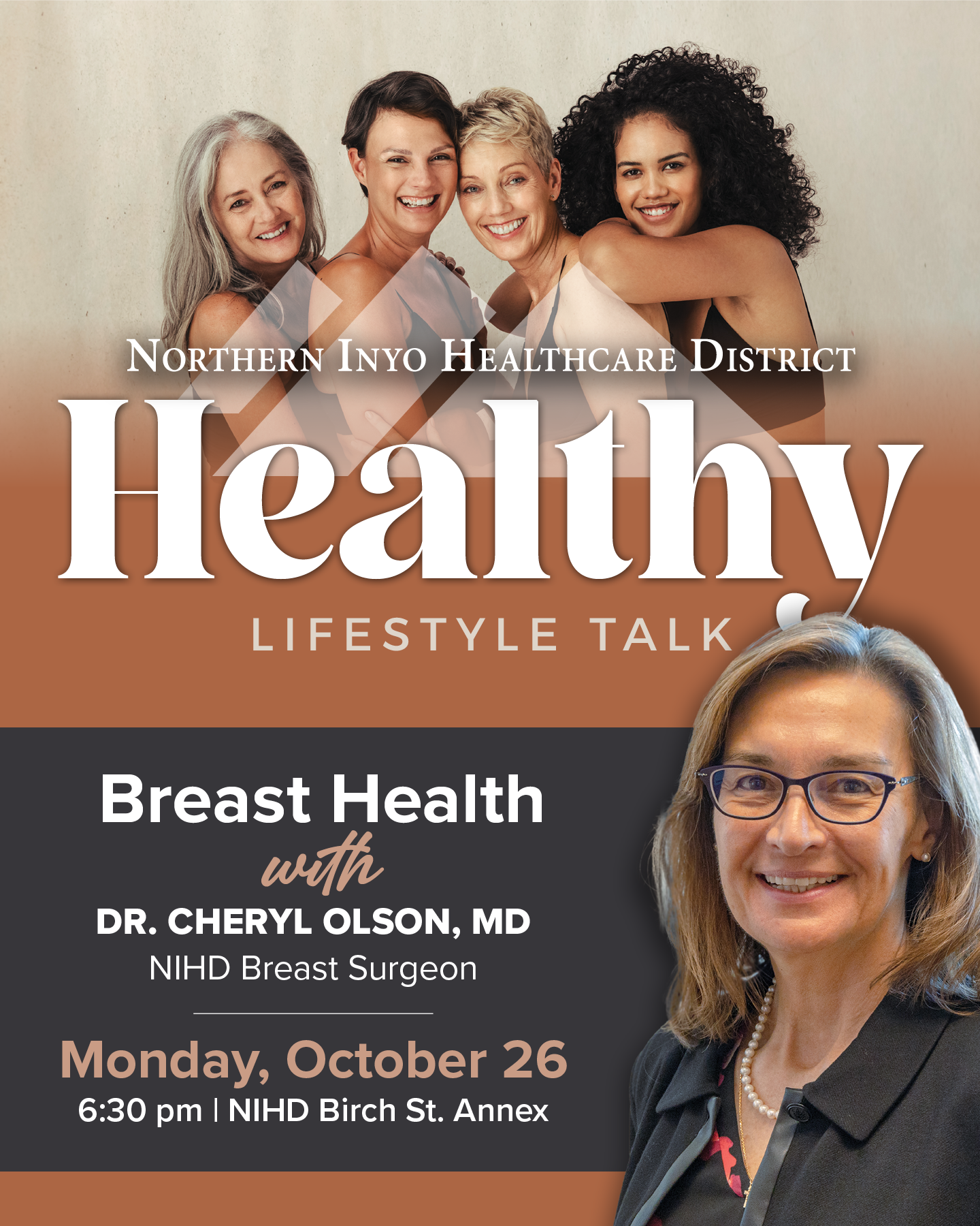 Healthy Lifestyle Talk graphic featuring four women and a portrait of NIHD breast surgeon Dr. Cheryl Olson, promoting her breast health talk on Monday, Oct. 26.